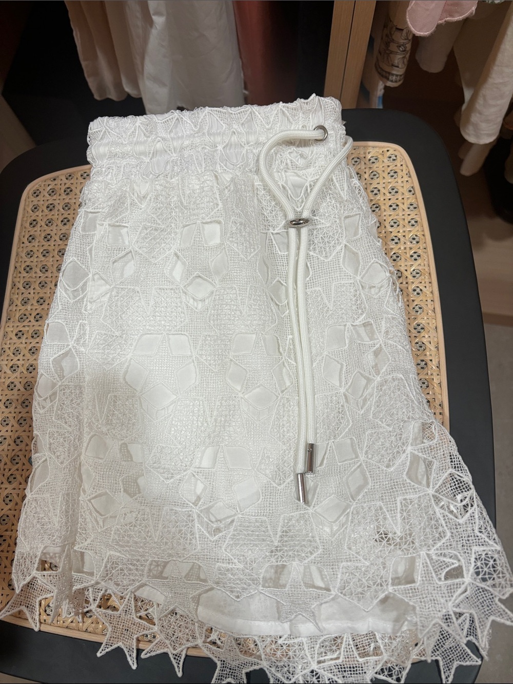7 For All Mankind White Lace Overlay Drawstring Mini Skirt